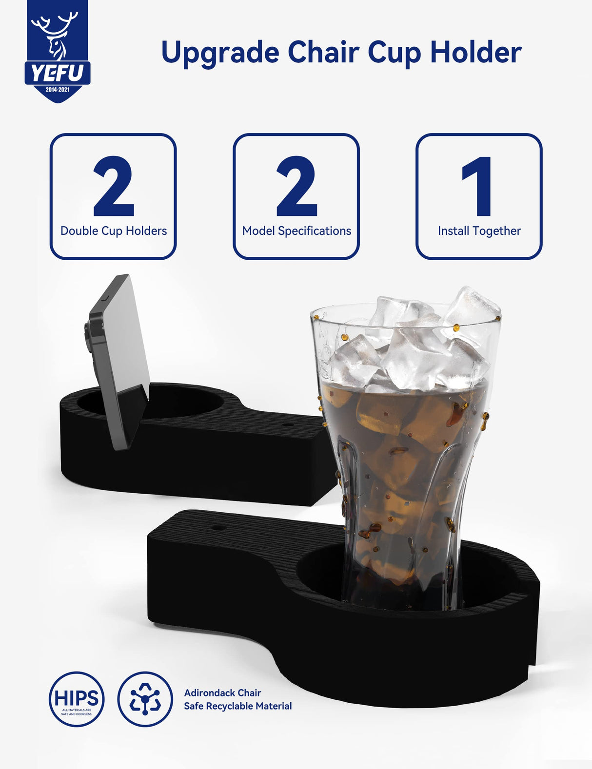 YEFU Adirondack Chair with Ottoman, Adjustable Backrest Adirondack Chairs, Folding Outdoor Fire Pit Chair with 2 Cup-Holders, Weather Resistant for Patio Lawn Outside Garden Pool, 380lbs (Black) YEFU