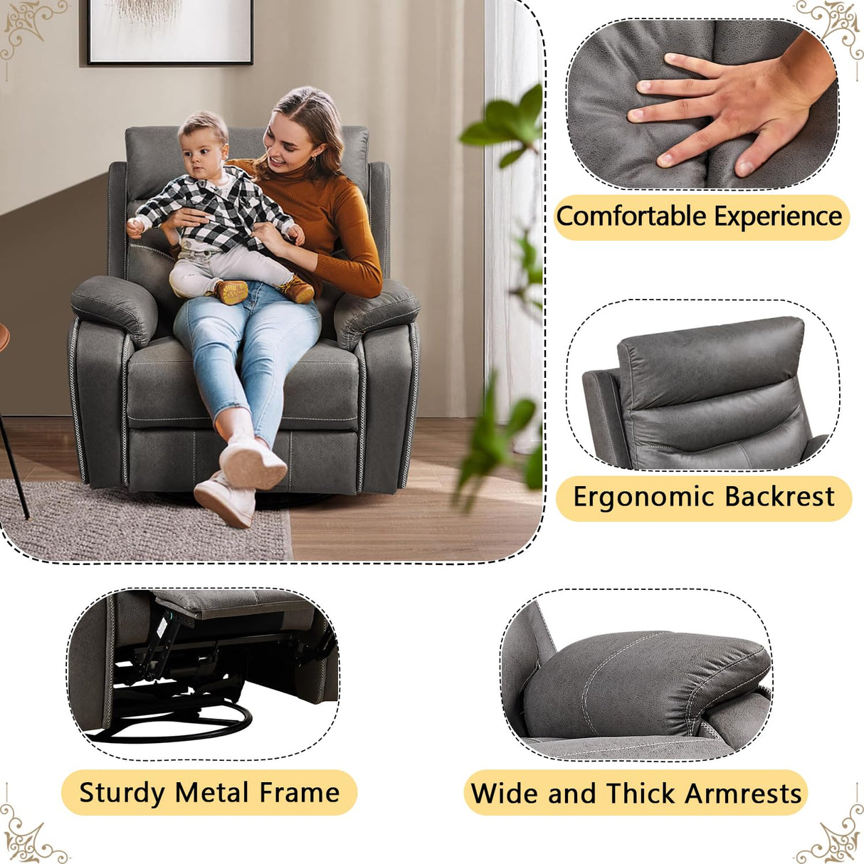 Power Swivel Recliner Chair, 270° Swivel Recliner Glider Rocker for Adults with Dual Motor, One-Key Reset Button, Electrical Adjustable Headrest and USB Ports for Living Room, Grey YiMiYom
