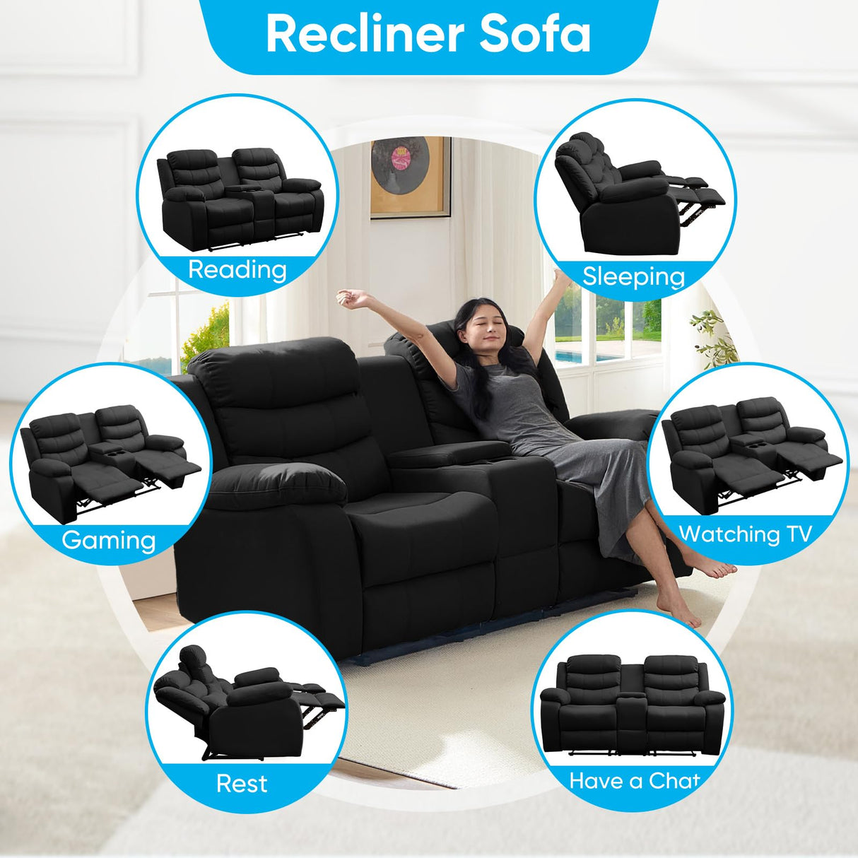 Mjkone Recliner Home Theater Seating, 3 Seater Reclining Couch Sofa & Loveseat & Chair Sets, 6 Seat Manual Control Reclining Living Room Set, Double Love Seat Recliner Sofa Couch Set, Dark Grey Mjkone