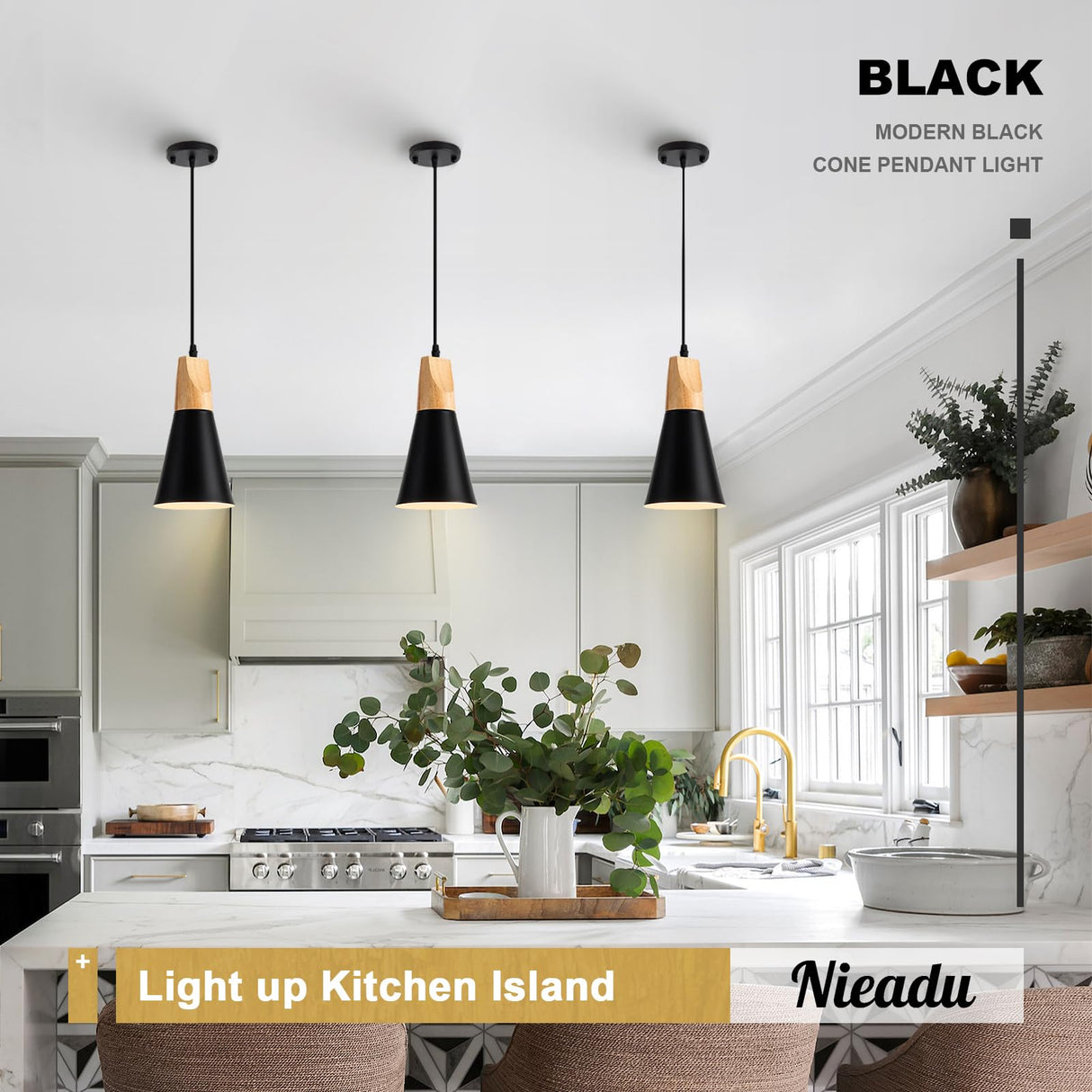 Black Wood Nordic Pendant Light for Kitchen Island, 3-Pack Modern Small Pendant Hanging Lighting for Dining Room, Restaurant, Bar, Light Over Island, Kitchen Sink Nieadu