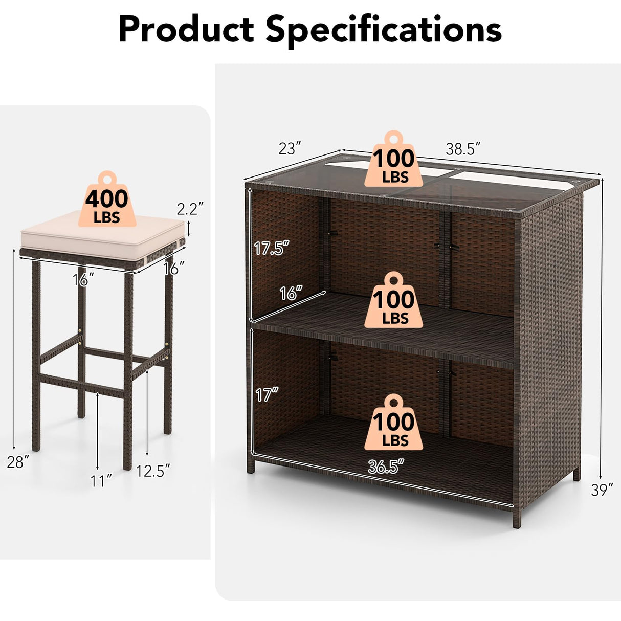 Tangkula 3 Piece Patio Bar Set, Outdoor Rattan Bar Table and 2 Stools with Tempered Glass Tabletop, 2-Tier Storage, Removable Cushions, Outside Wicker Conversation Set Tangkula