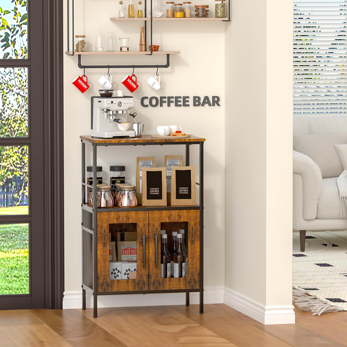 X-cosrack Buffets Coffee Bar Station, 3-Tier Small Coffee Stand Station with Storage, Farmhouse-Style Microwave Cart Featuring 2-Door Cabinet Ideal for Living Room, Entryway, Sideboards X-cosrack