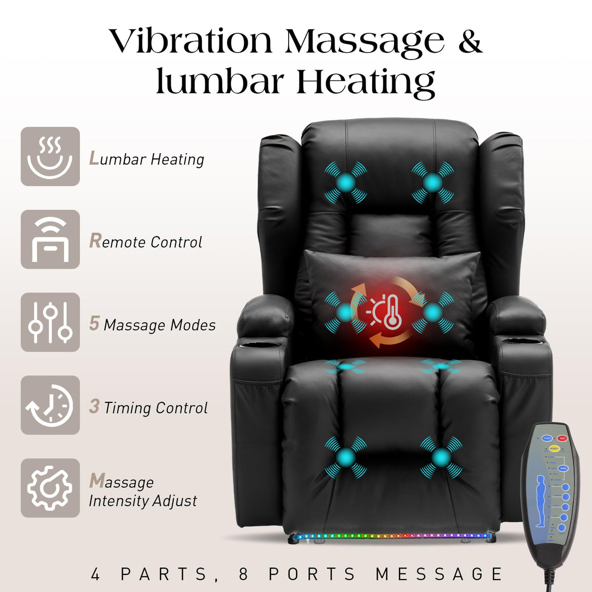 Power Recliner Chairs for Adults with Massage and Heat,Single Faux Leather Recliner Chair Sofa Reclinable Home Theater Seating with LED Lights,Cup Holders,Reclining Chair for Living Room (Black) Generic