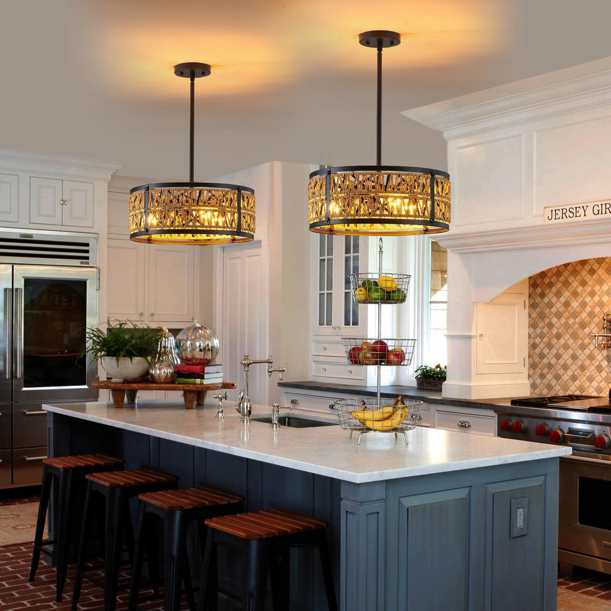 Bsyormak 3-Lights Rattan Boho Chandelier for Dining Room Drum Wicker Pendant Light Fixtures Hanging Woven Coastal Ceiling Light for Farmhouse Kitchen Island Living Room Bedroom Bsyormak