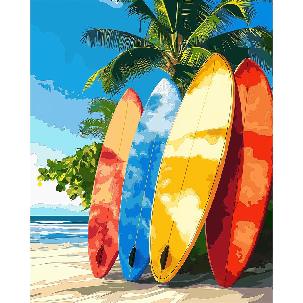 Natuyalo Paint by Numbers Kit for Adults - Colorful Surfboard DIY Acrylic Adult Paint by Number Kits Beach Scenery Canvas Painting for Adults Beginners Art Crafts Without Frame, 16x20 Inch Natuyalo