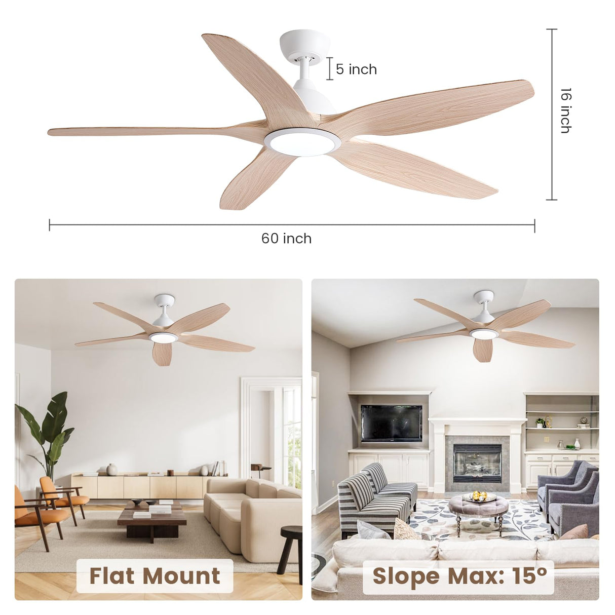 Newdayr 60" Wood Ceiling Fan with Lights Remote and Control, 6 Speeds, 3 Color Tones Dimmable LED, 6H Timer, Modern, Noiseless Reversible DC Motor, Large Indoor, Kitchen, Bedroom, Living Room Newday