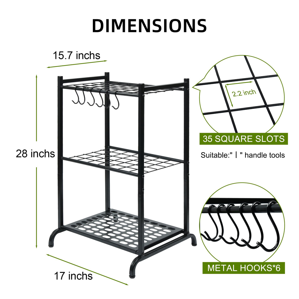 RANXFLOAT Garden Tool Organizer with Storage Hooks, Yard Tool Tower Rack for Garage Organization and Storage, Up to 35 Long-Handled Tools, Metal Tool Holder with 6 Hooks, Black RANXFLOAT