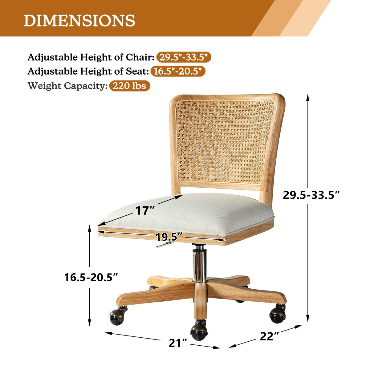 Modern Home Office Chair Comfortable Upholstered Armless Desk Chair, Adjustable Swivel Rolling Computer Chair with Rattan Mid-Back Support, Linen TINA'S HOME