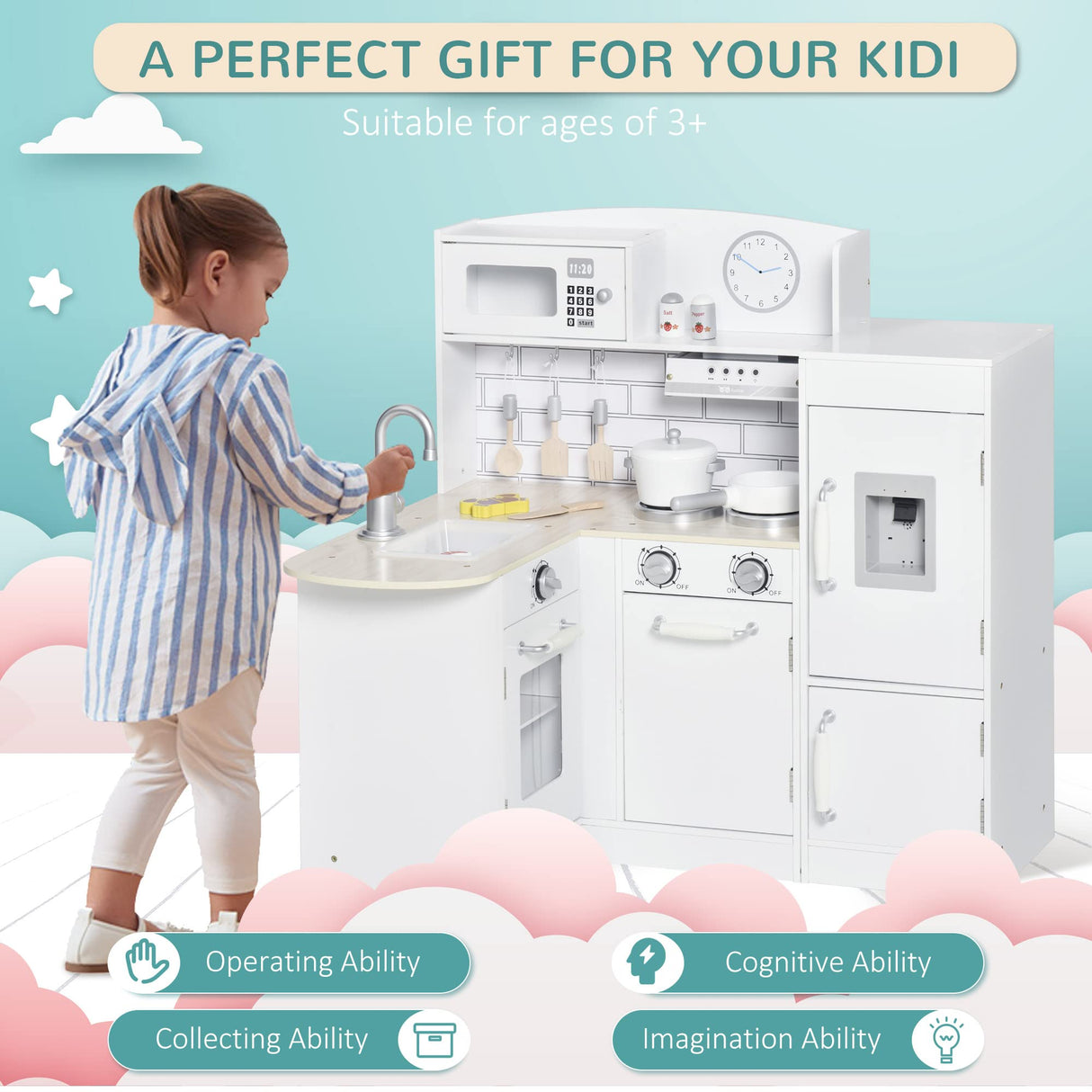 Qaba Kids Play Kitchen Set Pretend Wooden Cooking Toy Set with Drinking Fountain, Microwave, Fridge and Accessories for Age 3 Years, White Qaba