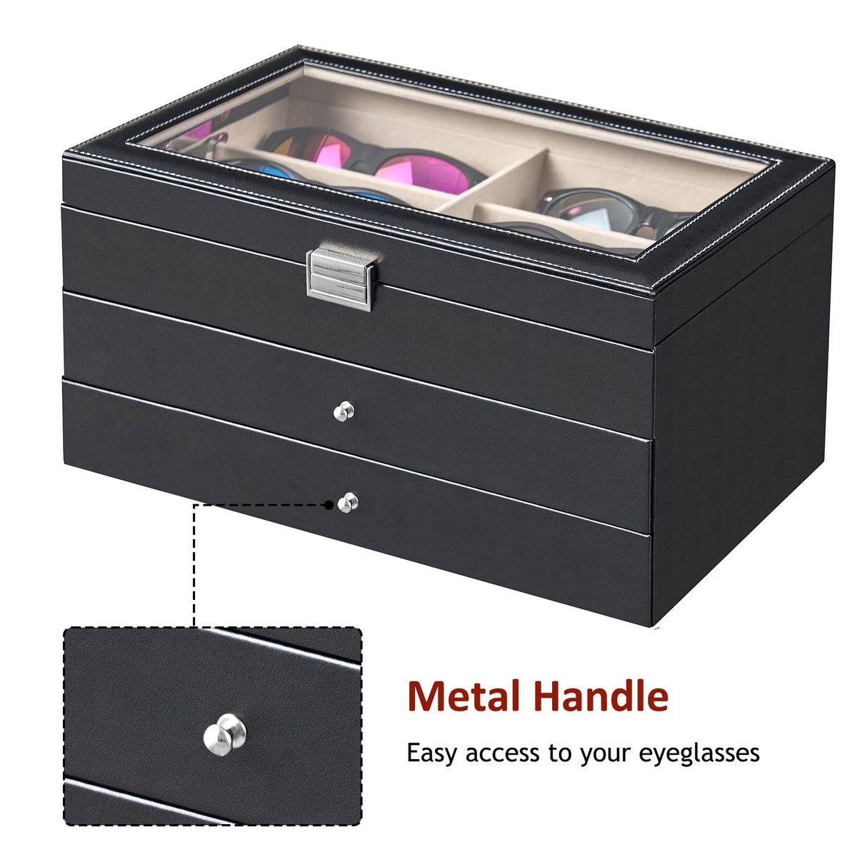 habgp Sunglasses Organizer with 18 Slots, 3-Layer Multiple Eyeglasses Eyewear Storage Glasses Holder Leather Box Display Case for Women Men - Black habgp