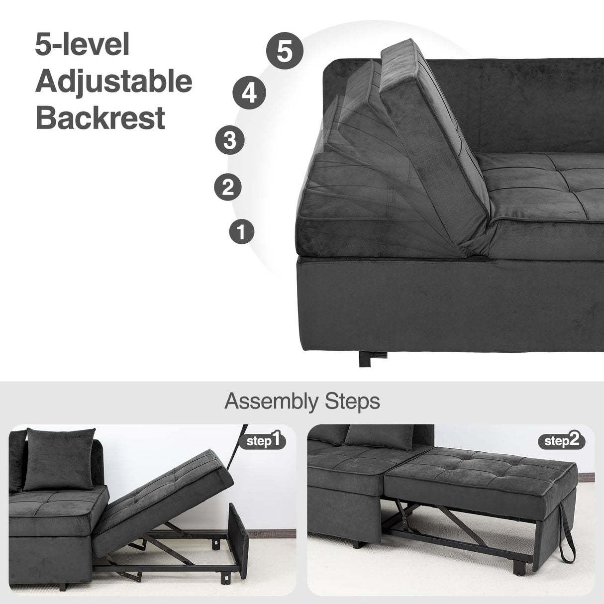 Convertible Sofa Bed 4-in-1 Velvet Sleeper Sofa Chair Bed Pull Out Futon Couch Bed with USB Ports 5 Adjustable Backrest and Pillow Fold Out Ottoman Bed for Adults Small Spaces Living Room, Dark Grey FiveWillowise