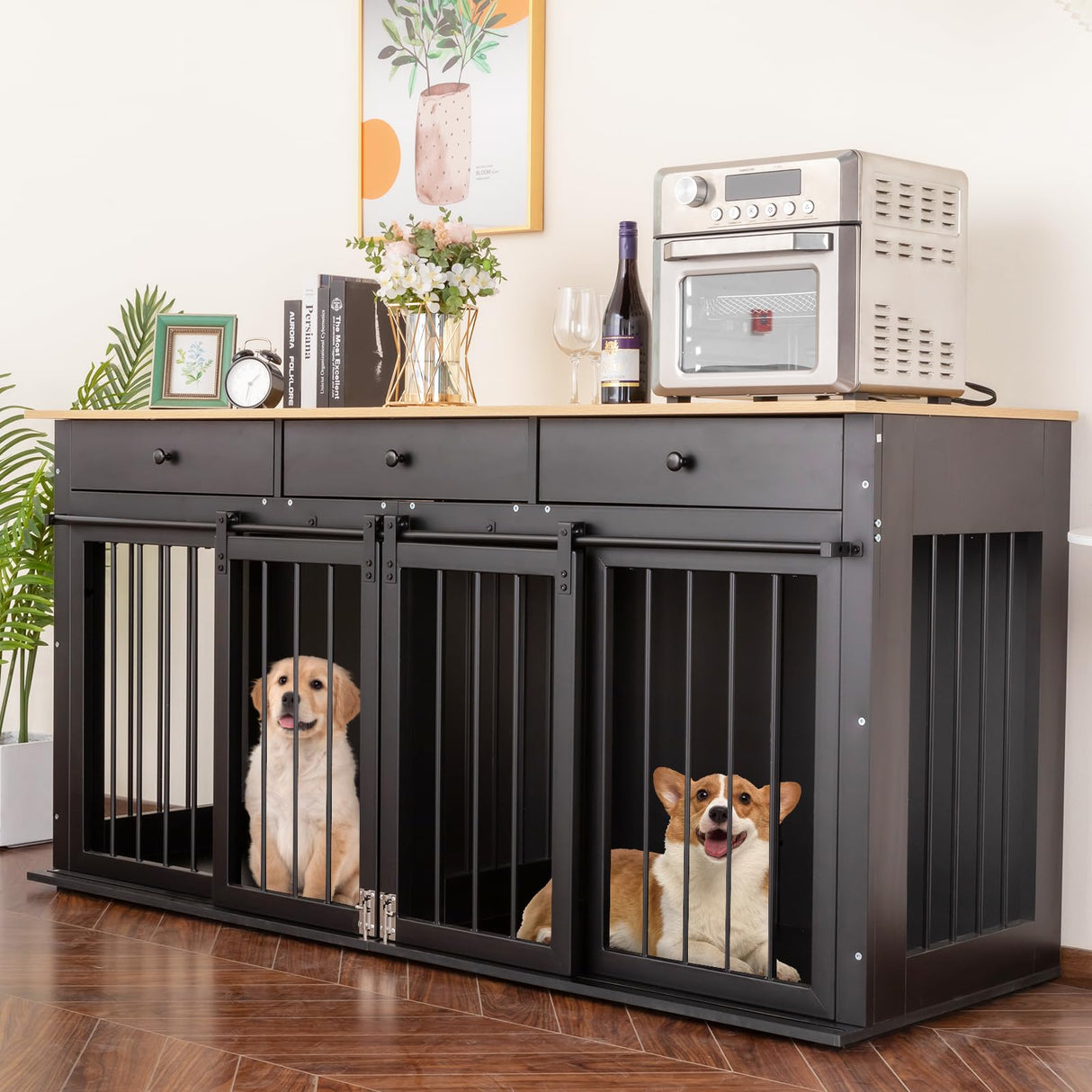 Sunseen Dog Crate Furniture Large Breed Wooden Dog Kennel with Room Divider & 3 Drawer,Double Doors Heavy Duty Dog Crate End Table Indoor TV Stand for Small Medium Large Dog Black,72''W*24''D*35''H sunseen