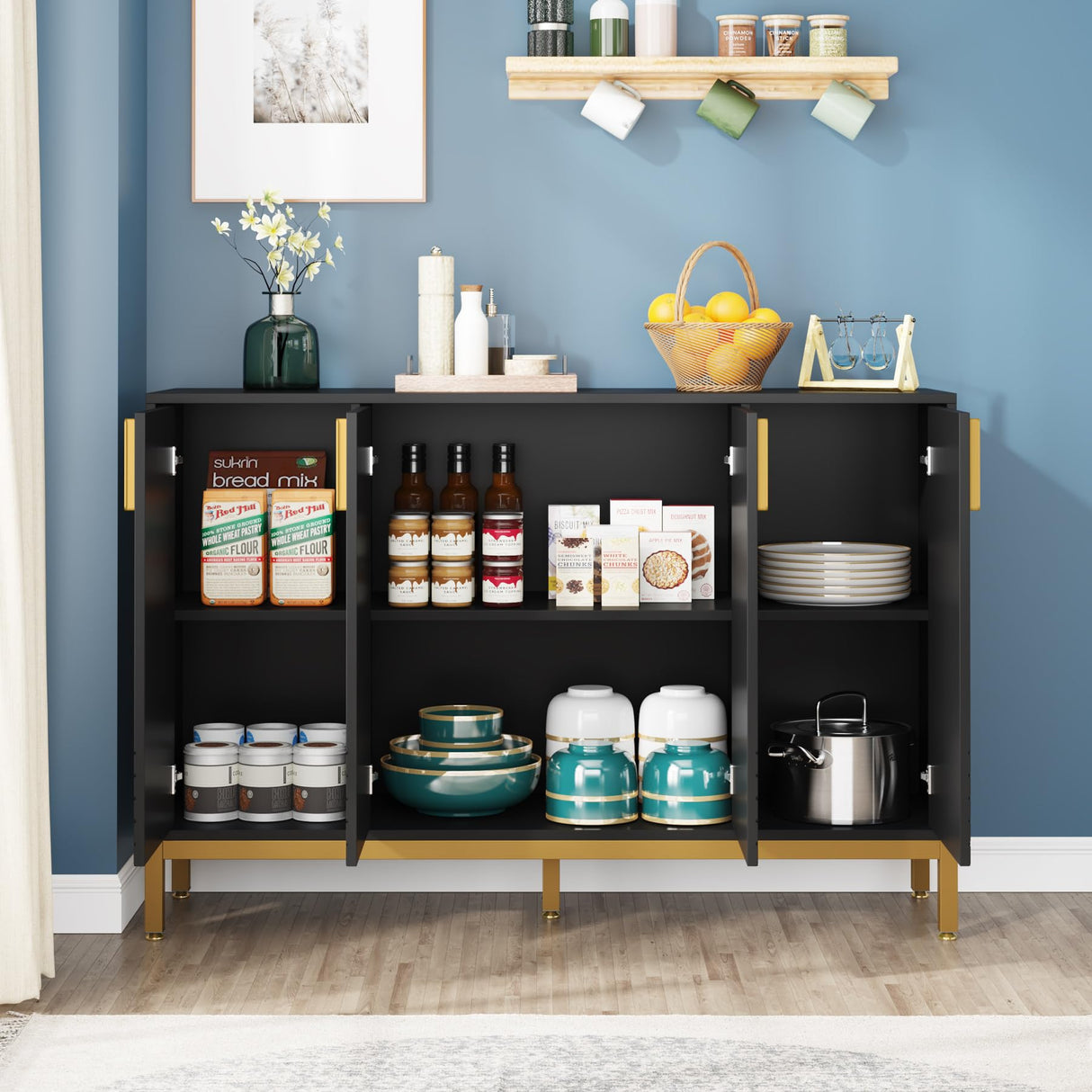 Tribesigns Luxury Buffet Cabinet with Storage, 59 Inch Kitchen Sideboard with 4 Doors, Coffee Bar Cabinet for Dining Room, Living Room, Black and Gold Tribesigns