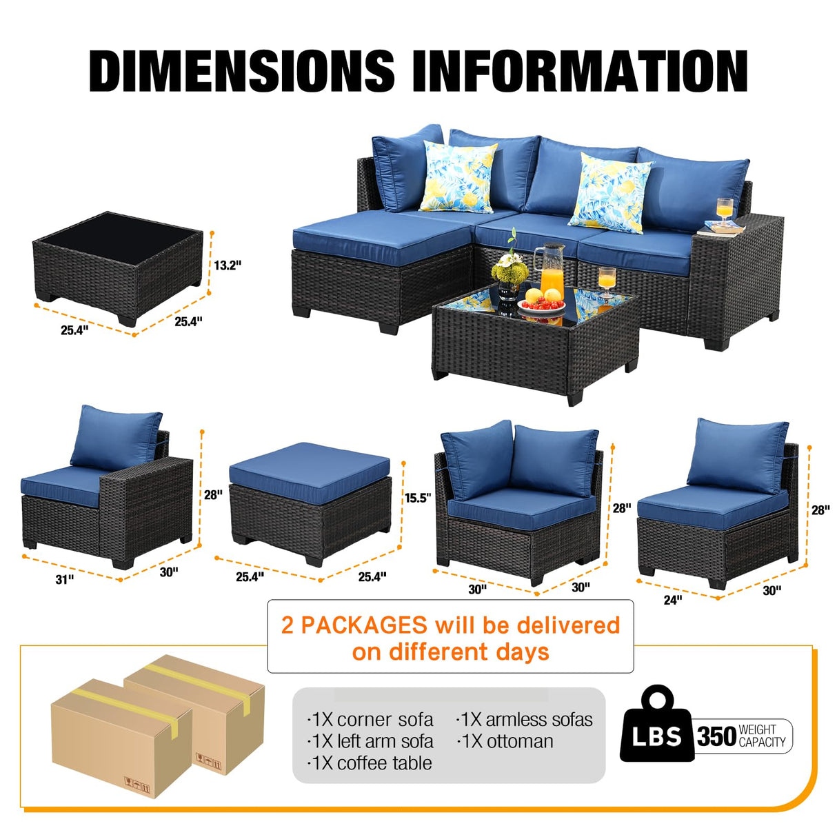 JOYURE 5 Pieces Patio Furniture set All-Weather Outdoor Wicker Sectional Conversation Sofa Rattan patio seating sofa with cushion and Glass Table and Ottoman for Porch Poolside,Navy JOYURE