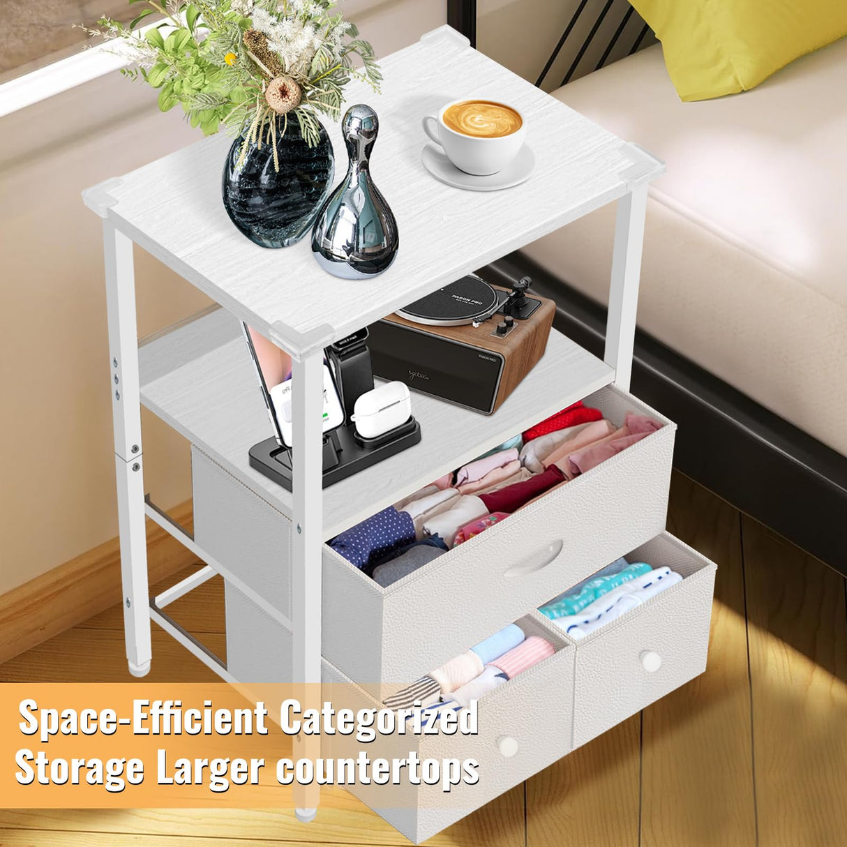 BEHEY Night Stand, Bedside Table, Adjustable Leveling Dorm Nightstand with 3 Drawers Storage, End Table with Corner Protectors, Nightstand with Charging Station, 3-Tiers,White, 15.75 Inch BEHEY