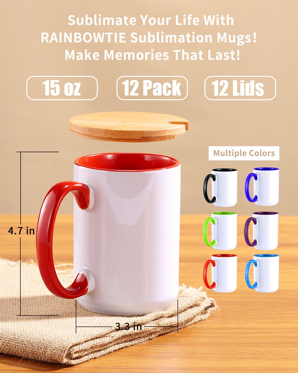 RAINBOWTIE Sublimation Mugs Set of 12, 15 oz Sublimation Mugs Blank with Bamboo Lid, Sublimation Coffee Mugs, Tazas Para Sublimacion, Mug Sets, Coffee Cup with Lid,6 Assorted Colors RAINBOWTIE