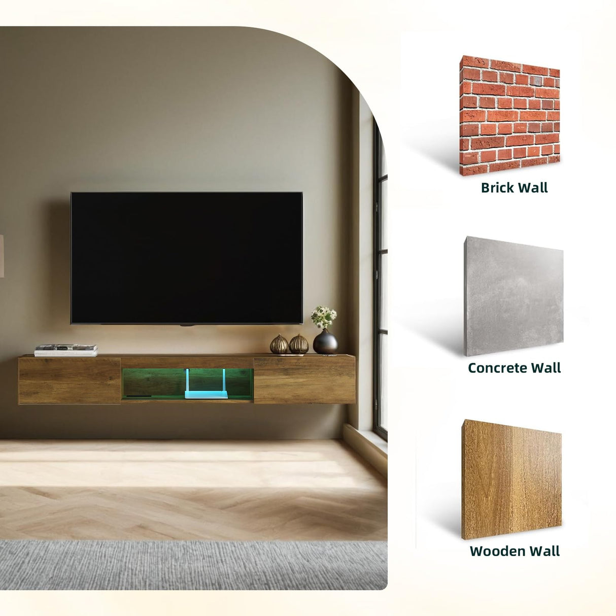 Floating TV Stand Shelf for TVs up to 80 Inch, Floating TV Cabinet with LED Light, Modern Wall Mounted Media Console Shelf with Power Outlets, Entertainment Center for Under TV Storage, Brown Msutree