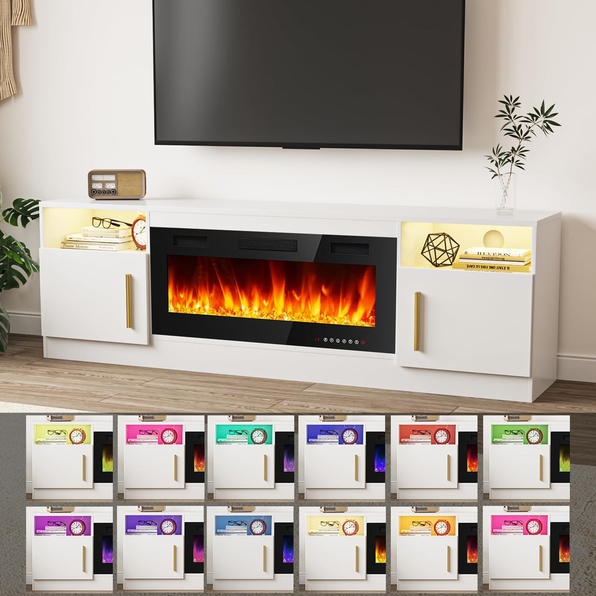 TAVATA Fireplace TV Stand Entertainment Center with 36" Fireplace, 70" Wooden TV Stand for TVs Up to 80",Media TV Console with High Gloss Storage Cabinet and 16 Colors LED Lights (White) TAVATA