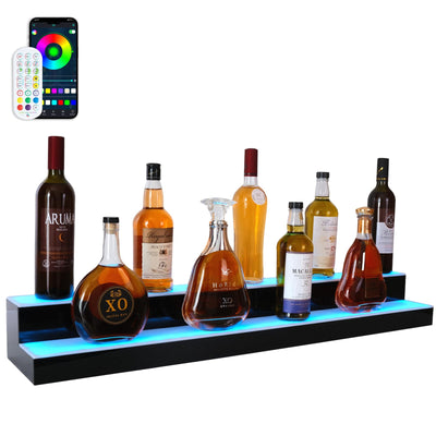 Leekimid Led Lighted Liquor Bottle Display Shelf, 30 Inch 2 Tier Whiskey Rack, Support USB, Bar Stand with RF Remote & App Control, Illuminated Acrylic Lighting Shelves for Home Bar, Party