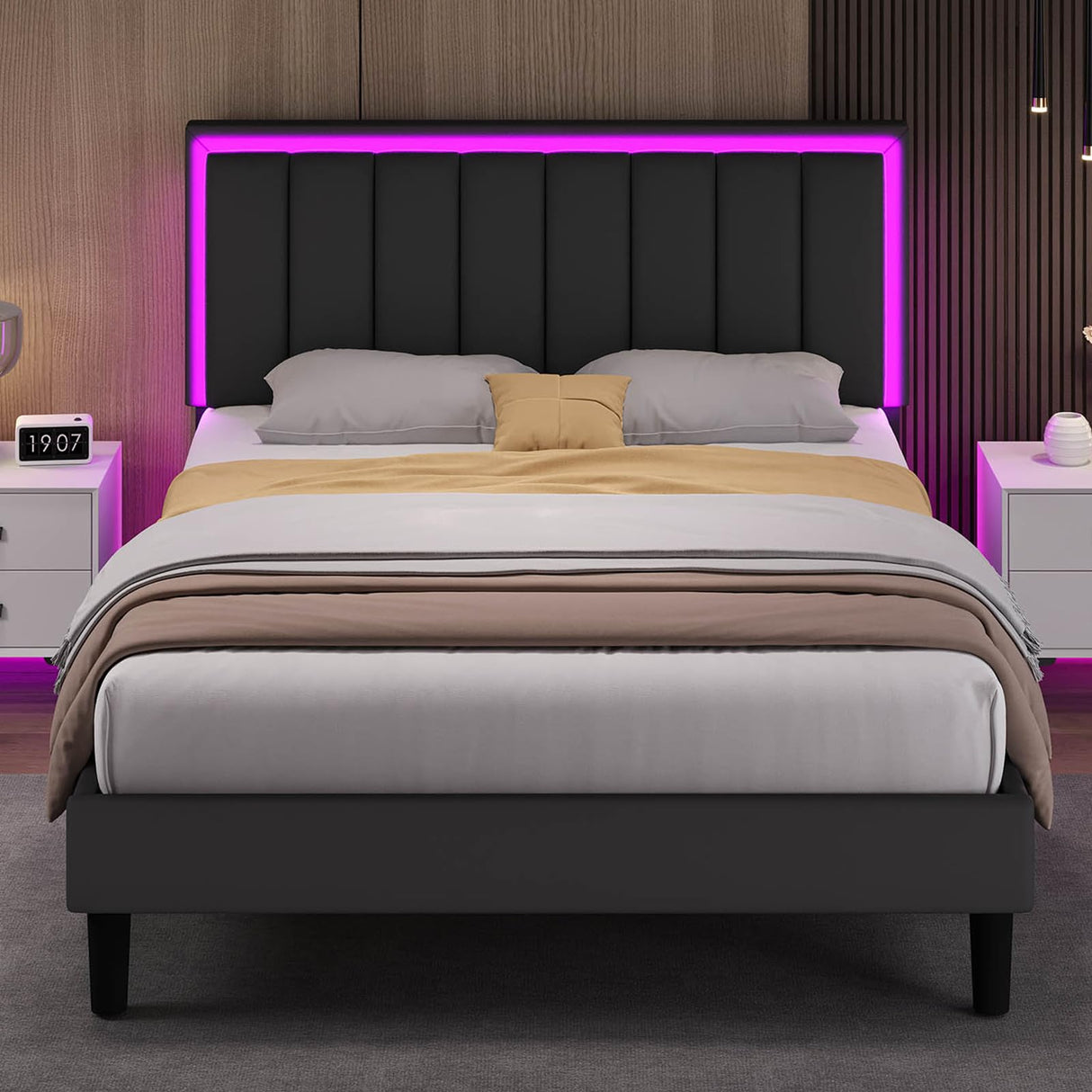 IMMERSTABLE Queen Bed Frame with LED Lights, Upholstered Bed Frame Queen Size with Headboard, Heavy Duty Wood and Metal Slats Support, Noise-Free, No Box Spring Needed, Easy Assembly, Black IMMERSTABLE