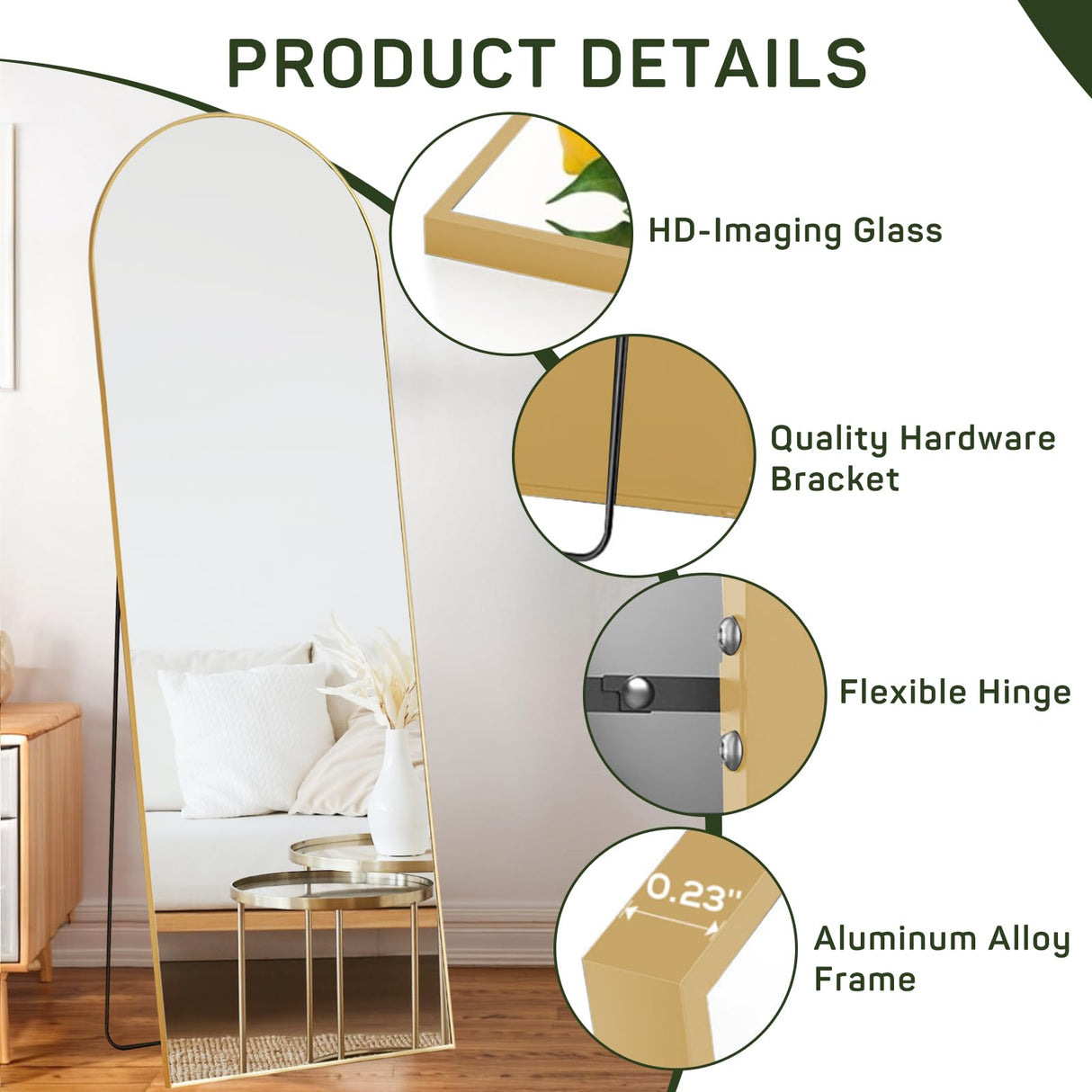 Arched Mirror Full Length, 16"x59" Body Wall Mirrors with Shatter-Proof Glass, Floor Standing, Hanging or Leaning, Tall Arch Mirror with Stand Aluminum Alloy Frame for Bedroom Cloakroom Zibbizo