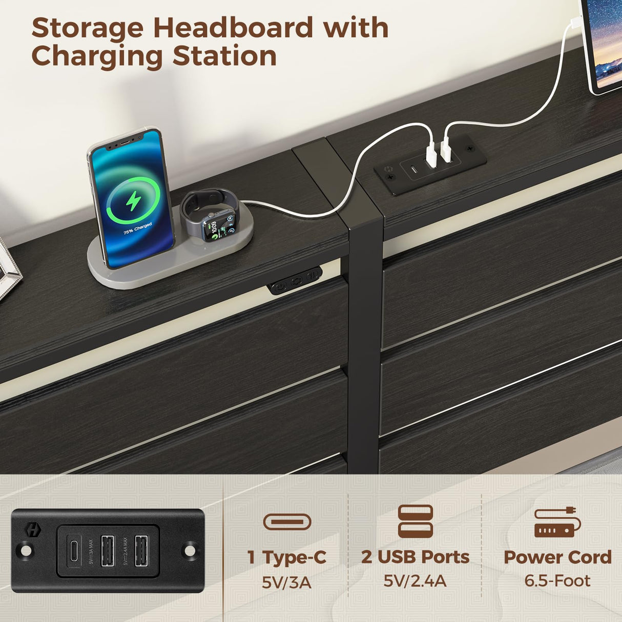 Rolanstar Bed Frame Full Size with USB Charging Station, LED Bed Frame with Wood Storage Headboard, Black Metal Platform Bed with Under Bed Storage, No Box Spring Needed, Noise Free Rolanstar