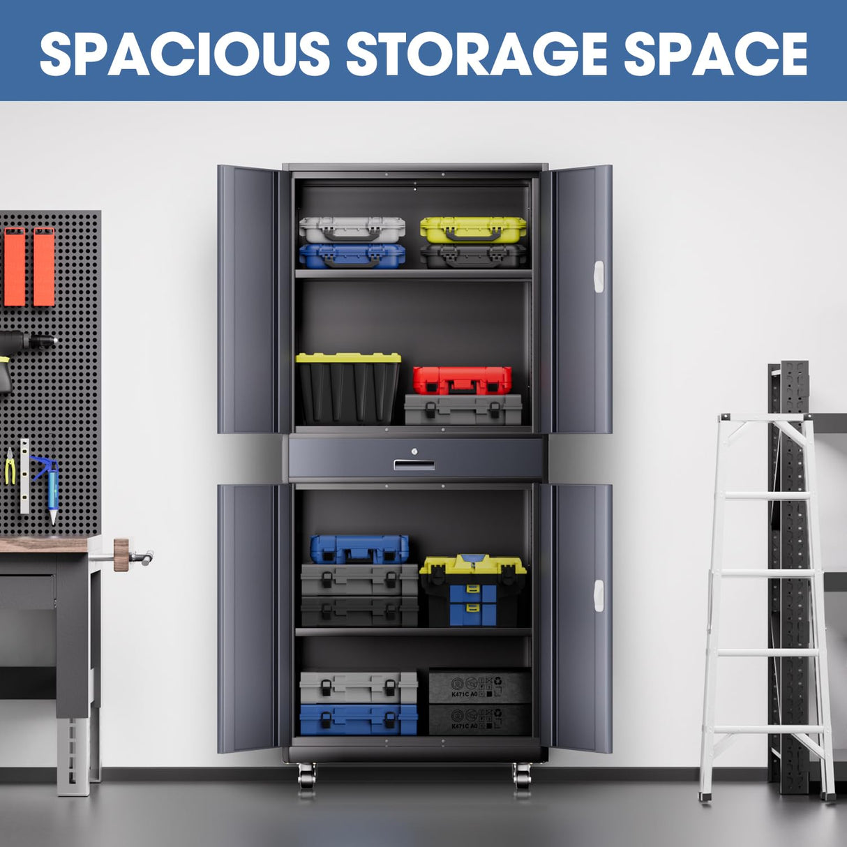 DNA MOTORING Metal Storage Cabinet, 73'' Rolling Garage Cabinet with 1 Drawer and Adjustable Shelves, Lockable Cabinet Heavy Duty Utility Cabinet for Garage,Office,Home,Gray Black, TOOLS-00630-GY-BK DNA MOTORING