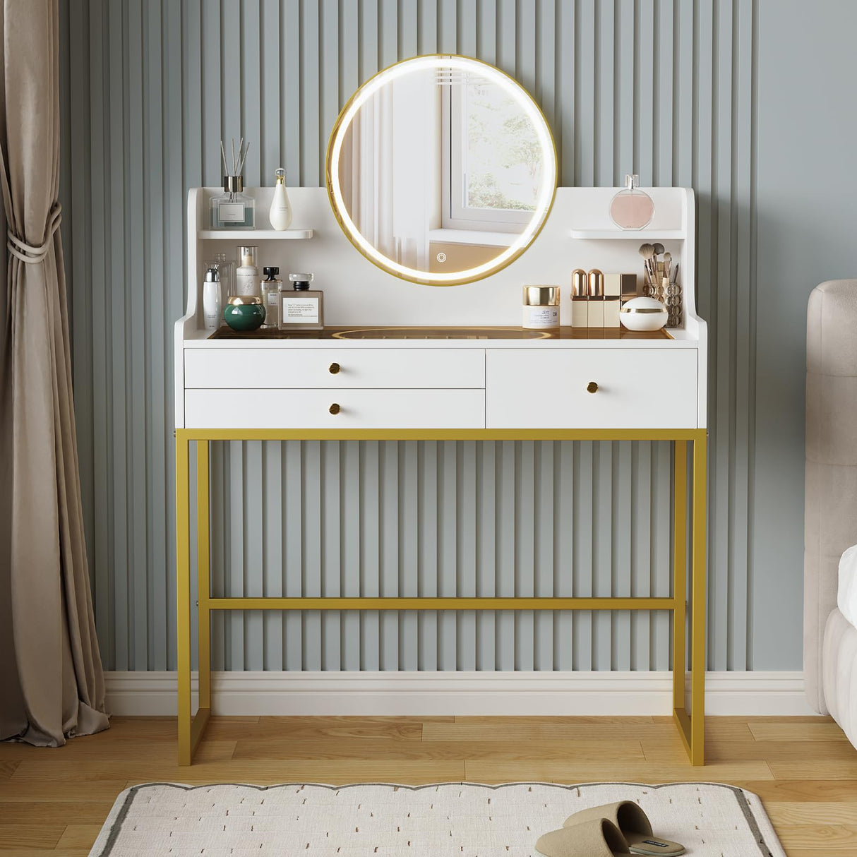 DELUXE LIVING Makeup Vanity Desk with Mirror and Lights, Glass Top Vanity Desk with 3 Drawers & 2 Storage Shelves, Bedroom Dressing Table with Power Outlet, 3 Lighting Mode, White DELUXE LIVING