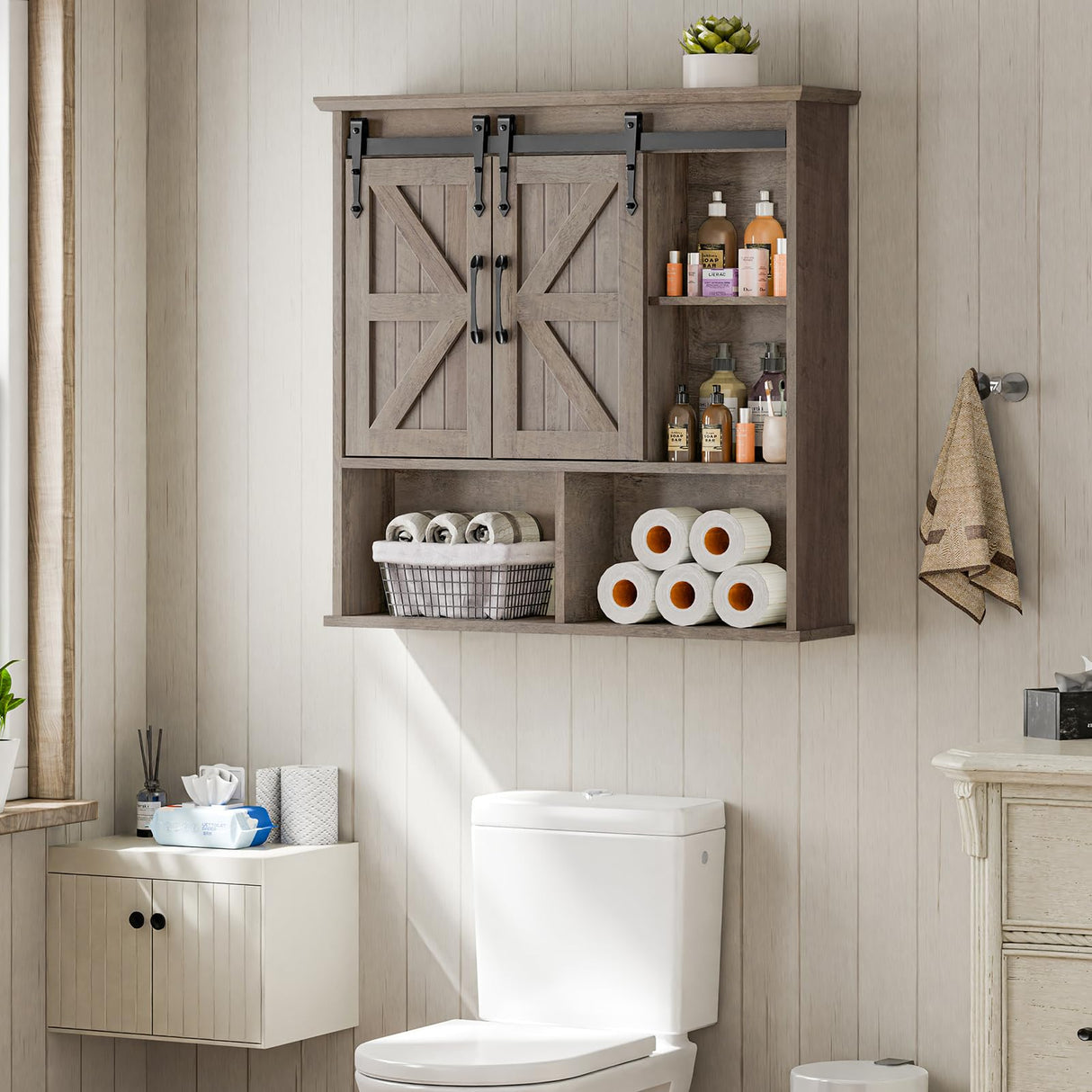 Vabches Bathroom Wall Cabinet, Farmhouse Wooden Medicine Cabinet with Double Sliding Barn Door and Adjustable Shelves, Farmhouse Storage Cabinet Wall Mounted for Bathroom, Kitchen Dining, Washed Oak Vabches