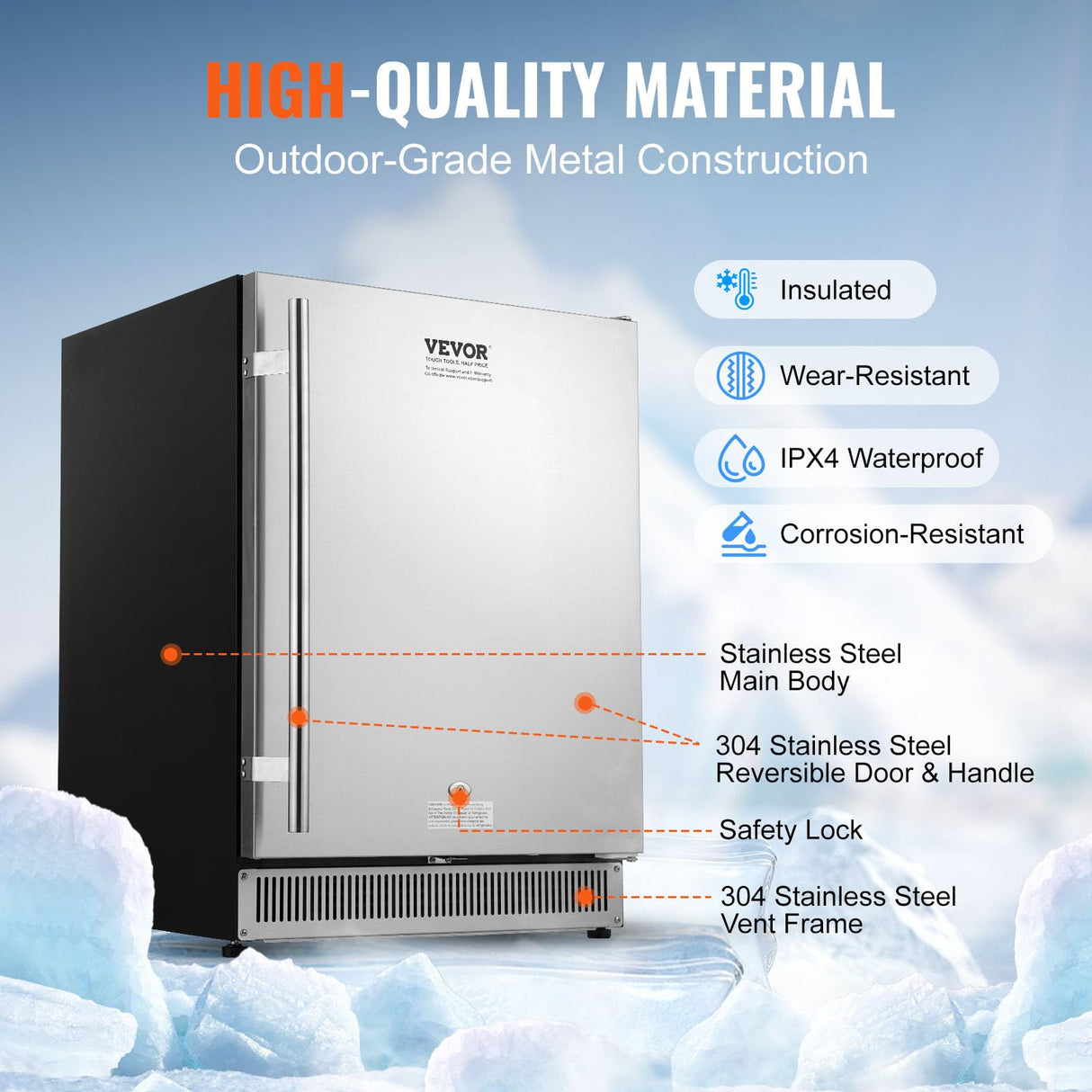 VEVOR Outdoor Refrigerator, 24-inch Undercounter Fridge, 185QT/175 Cans Built-in Beverage Cooler with 304 Stainless Steel Reversible Door, for Home Kitchen Commercial Use, Black VEVOR