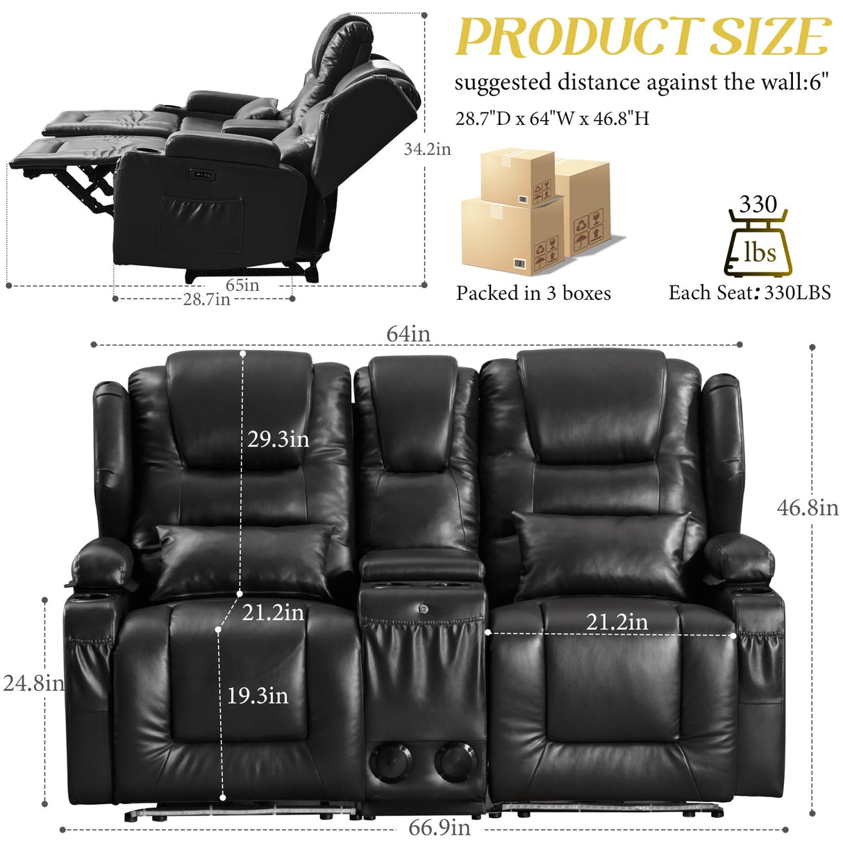 BINGTOO Power Double Recliner Loveseat for RV, Electric Home Theater Seating Sofa with Console & Storage, Built-in Bluetooth Speaker/USB Ports/Power Outlet/LED Light, Black BINGTOO