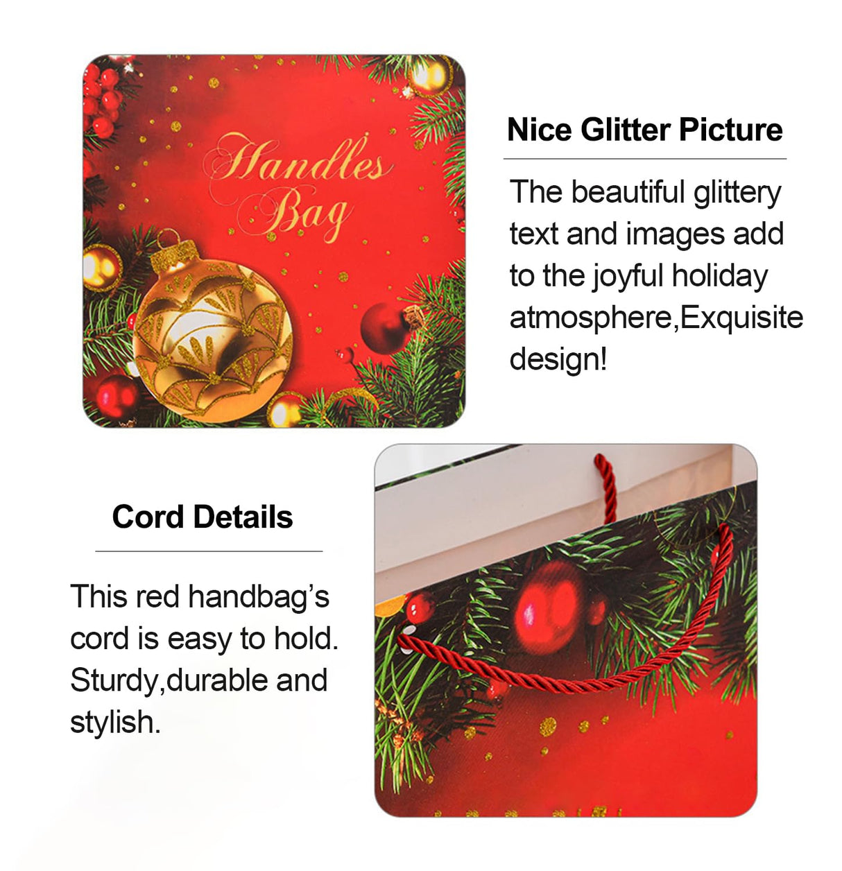 Rusikia 12 Christmas Gift Bags with 12 Tissues and 1 Satin Ribbon, Red Party Favor Bags Bulk with Handles, Glittery Cute Balls Father Christmas Paper Bag for Wrapping Holiday (Medium 10"x4"x12.6") Rusikia