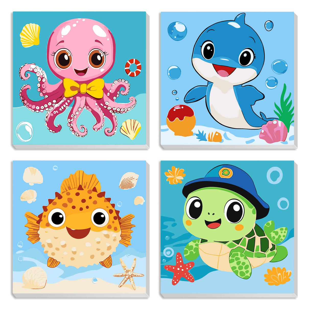 MXJSUA 4 Pack Cute Animals Paint by Numbers Kit with Framed Canvas for Ages 6-12 Kids, Turtle Paint by Numbers Kits for Children Beginners, Acrylic Oil Painting for Home Wall Decor Gift (8x8 inch) MXJSUA