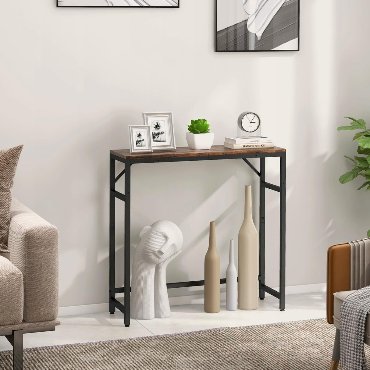 Livofloral Narrow Console Table, 29.5" Entryway Table with 2 Support Bar, Thin Sofa Table, Small Couch Table, Display Table, Side Tables for Living Room, Hallway, Bedroom, Rustic Brown Livofloral