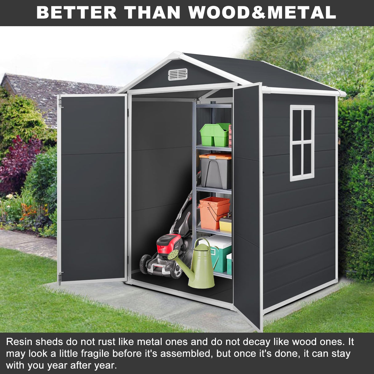 BTMWAY Resin 6x4 FT Outdoor Storage Shed with Floor Included,Small Plastic Shed with Window,Wood-Like Appearance,Water and UV Proof,Double Doors,Garden Tool Storage,Bike Shed,Backyard Shed (Black) BTMWAY