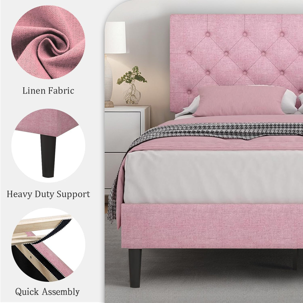 HOMBCK Queen Bed Frame with Headboard, Linen Fabric Upholstered Bed Frame Queen, Wood Slats Support, Button Tufted, No Box Spring Needed, Pink HOMBCK