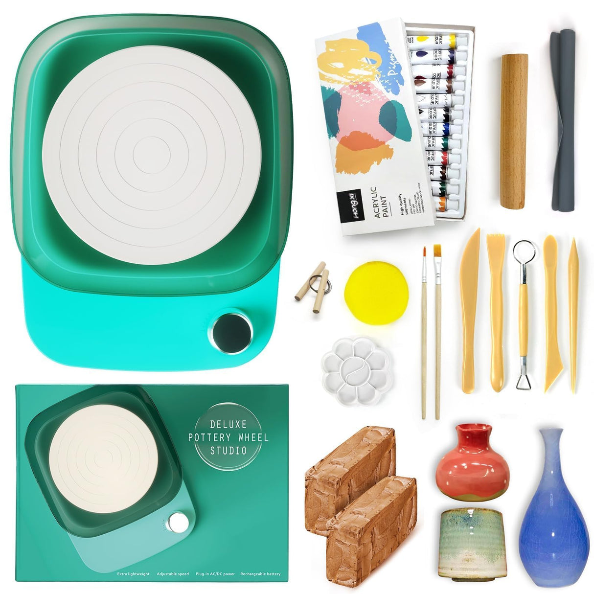 Pottery Wheel for Adults Beginners Kids - 6" Variable Speed Pottery Wheel Tool Kit, RPM Speed Adjustable with Rechargeable Battery, 1.8 Lb Air Dry Clay, Art Supplies, Crafts for Adults Teenager Insnug