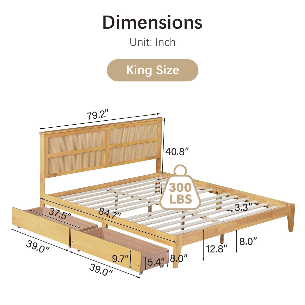 Olodumare Boho King Platform Bed Frame with Rattan Headboard, Modern Natural Bohemian Solid Wood Bed with 2 Under Bed Storage Drawers, Squeak-Free, No Box Spring Needed, Easy Assembly, Honey Oak Olodumare