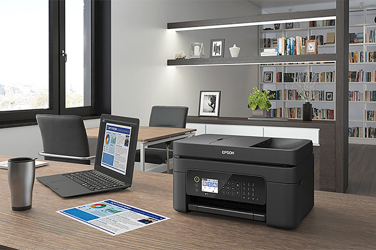 Epson Workforce WF-2850 All-in-One Wireless Color Inkjet Printer, Black - Print Scan Copy Fax - 10 ppm, 5760 x 1440 dpi, Auto 2-Sided Printing, 30-Sheet ADF, Voice-Activated, Vertluna Printer_Cable Epson