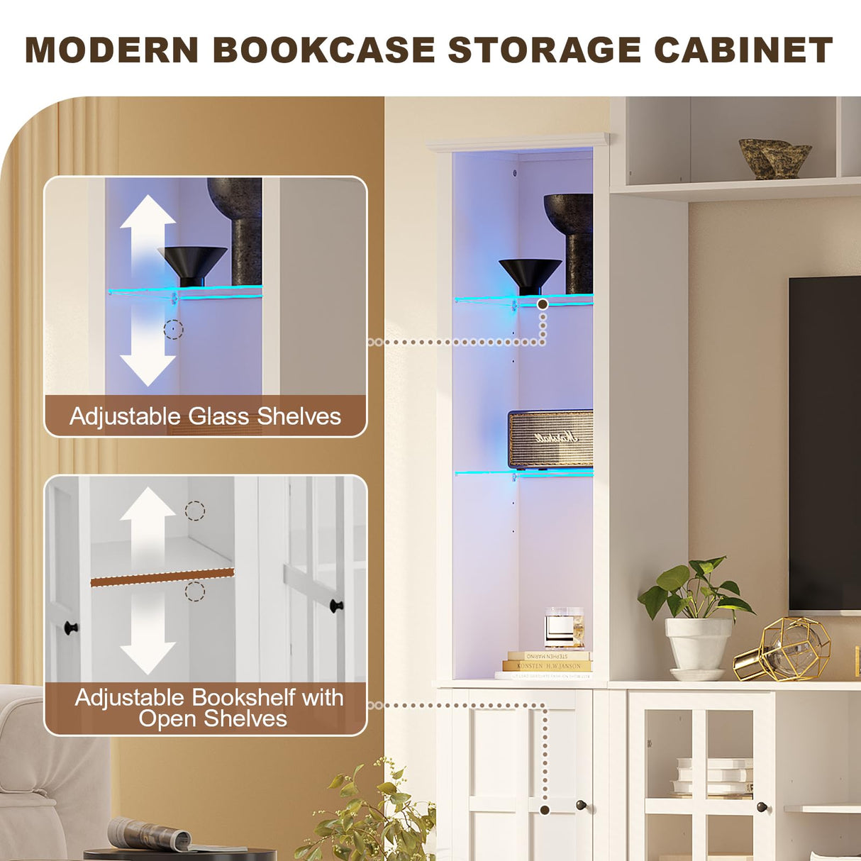 MEISSALIVVE Wall Unit TV Stand with Storage & LED Lights, Large Entertainment Center with Bookshelves for TVs up to 75", Media Console for Living Room, White MEISSALIVVE