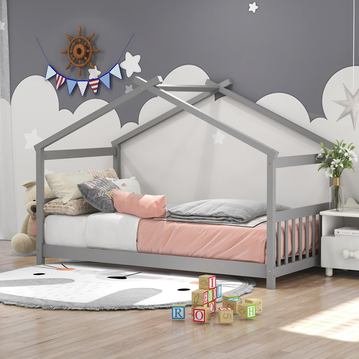 KOMFOTT Grey Twin House Bed Frame for Kids - Low Profile Montessori Tent Bed with Roof & Safety Design KOMFOTT