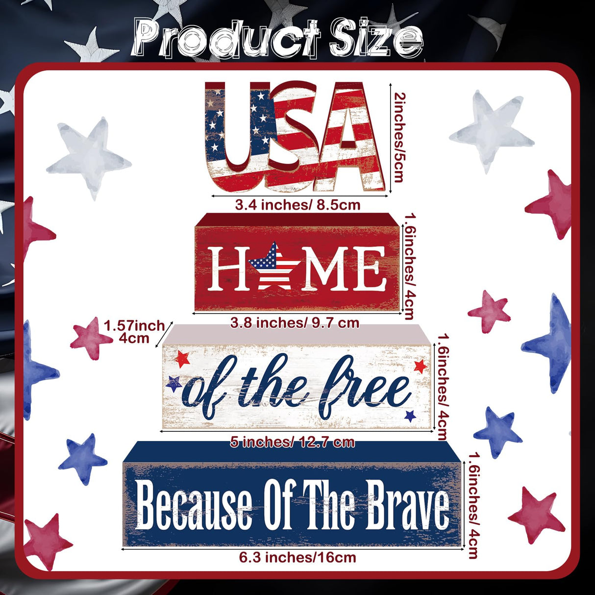 Huquary 4 Pcs Farmhouse 4th of July Patriotic Table Sign Independence Day Table Wood Decorations Patriotic Themed Rustic Farmhouse Wood Block Sign for Party Home Desk (Stylish) Huquary