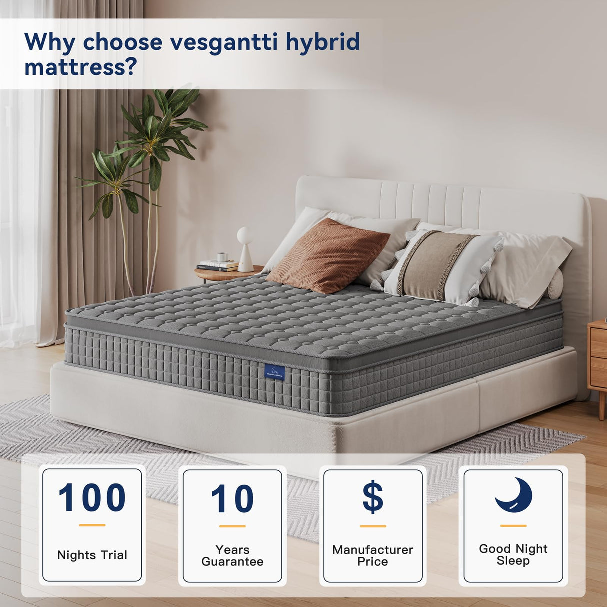 Vesgantti 10 Inch Multilayer Hybrid King Mattress - Multiple Sizes & Styles Available, Ergonomic Design with Memory Foam and Pocket Spring, Medium Firm Feel, Grey Vesgantti