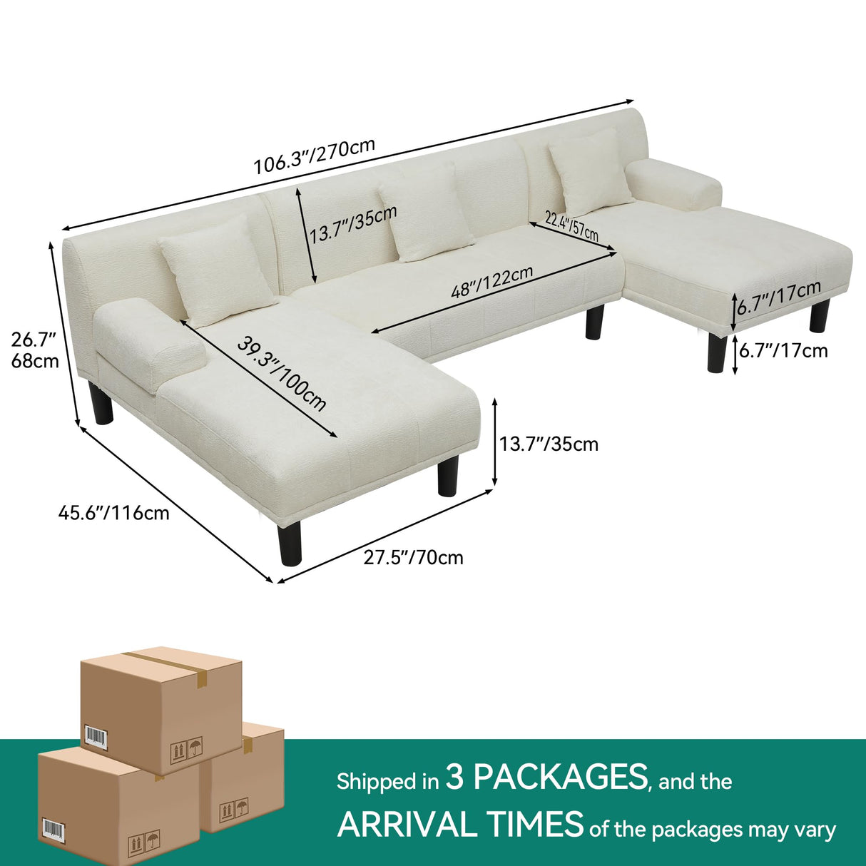 YITAHOME Sectional Couches for Living Room, U Shaped Sofa Chenille Modern Couch with USB & Type C Charging Ports Double Chaise and Comfy Upholstered Sofa, Beige YITAHOME