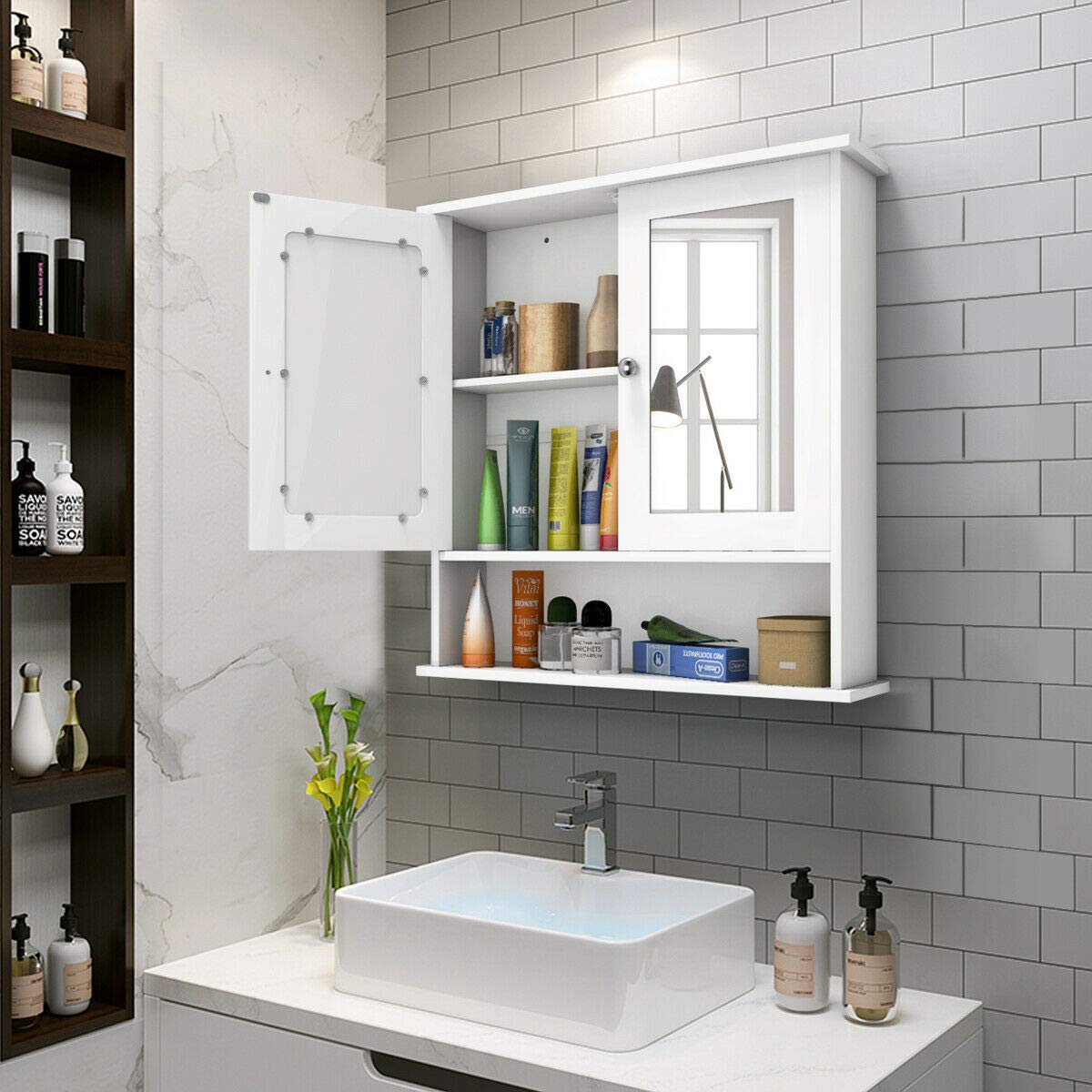 Tangkula Bathroom Cabinet, Wall Mount Storage Cabinet with Double Mirror Doors, Wood Medicine Cabinet(White) Tangkula