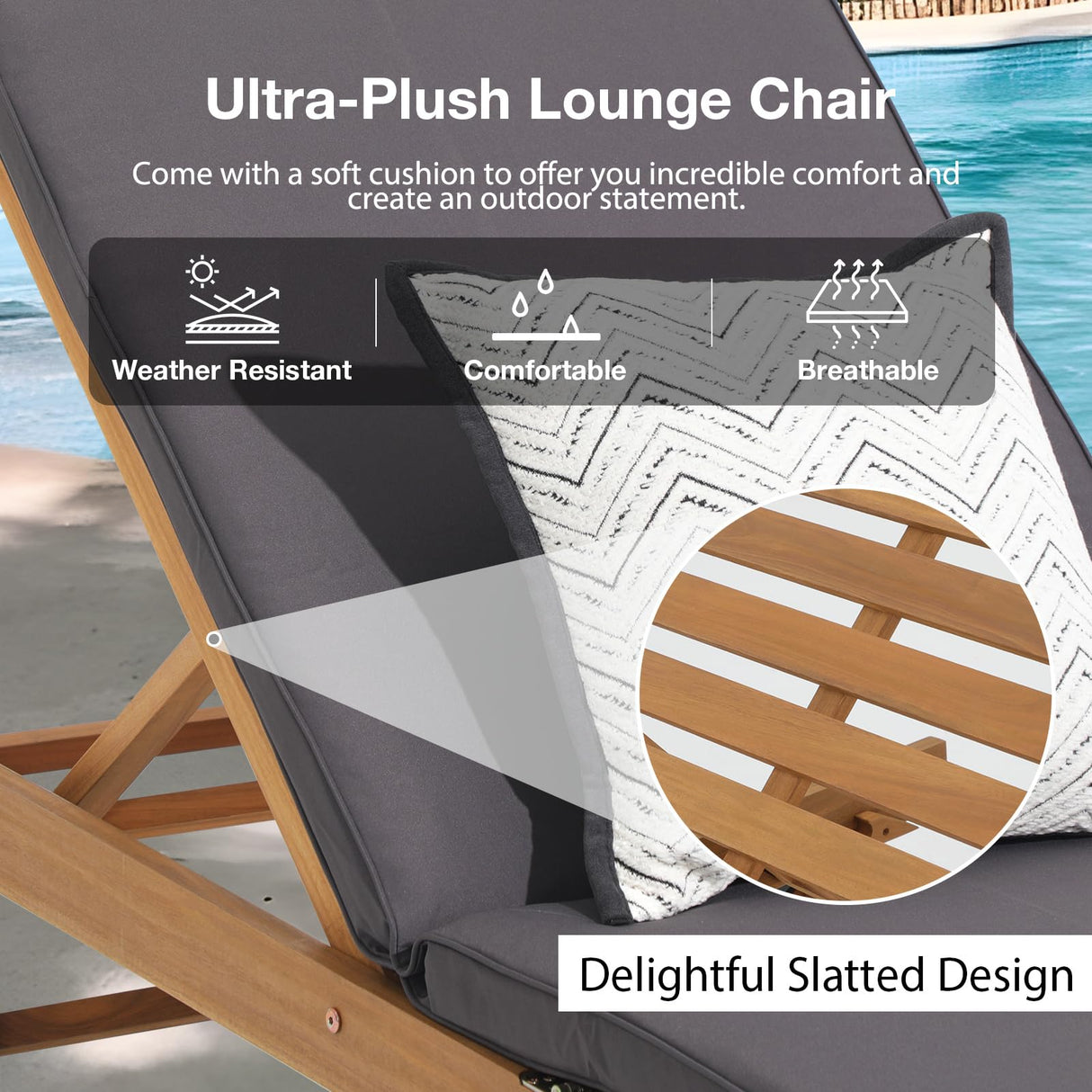 Patiorama Patio Acacia Wood Chaise Lounge Set of 2, Outdoor Folding Lounge Chair Recliner w/Adjustable Backrest, Wheels,Padded Cushion, Portable Sun Lounger Pool Chair for Deck,FSC Certified,Dark Grey Patiorama