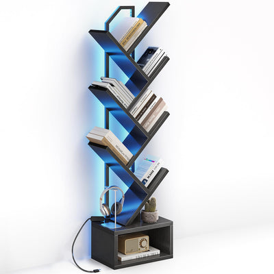 Casaottima Black Tree Bookshelf with LED Light Strip — 6-Tier Small Floor Standing Bookcase, Narrow Steel & Wood Book Organizer Shelf with Cabinet, Home Decor for Living Room/Bedroom/Home Office