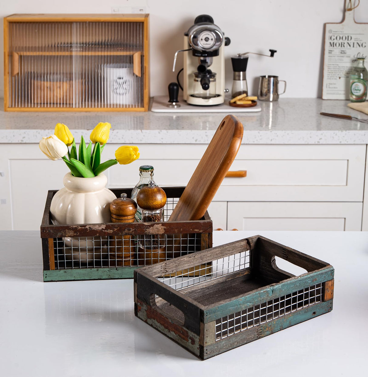 TIMRIS Set of 2 Rustic Wooden Countertop Baskets, Farmhouse Distressed Nesting Boxes, Small Decorative Wooden Storage Crates, Reclaimed Wood Organizer Baskets with Wire Mesh (Random) TIMRIS