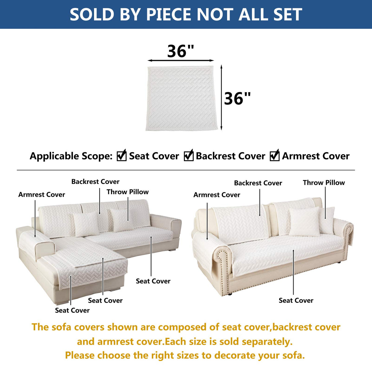 Eismodra Couch Cover,Sectional Couch Covers,Sofa Covers for 3 Cushion Couch,Anti-Slip Sofa Slipcovers for Dogs Cats Kids Loveseat Recliner L Shaped Armrest Backrest,White 36''x36''(Only 1 Piece) Eismodra