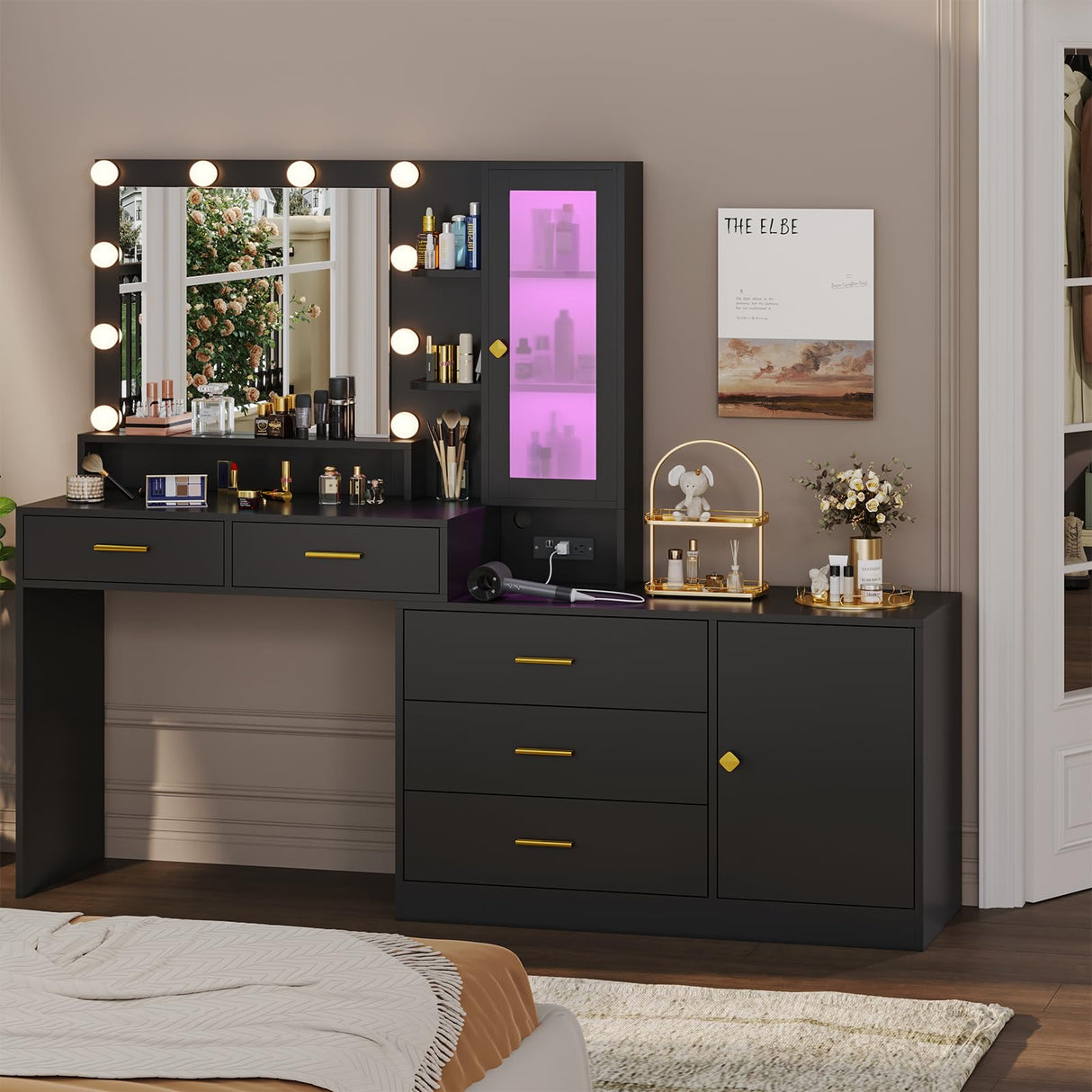HAUOMS Large Makeup Vanity with Lights Vanity Desk with Mirror, Modern Vanity Table Set with Drawer Dresser, Charging Station & RGB Cabinets, Makeup Desk with 5 Drawers and Storage Shelves, Black HAUOMS